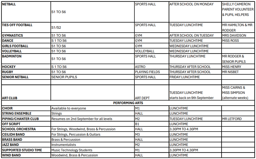 Extra Curricular Activities Timetable 2